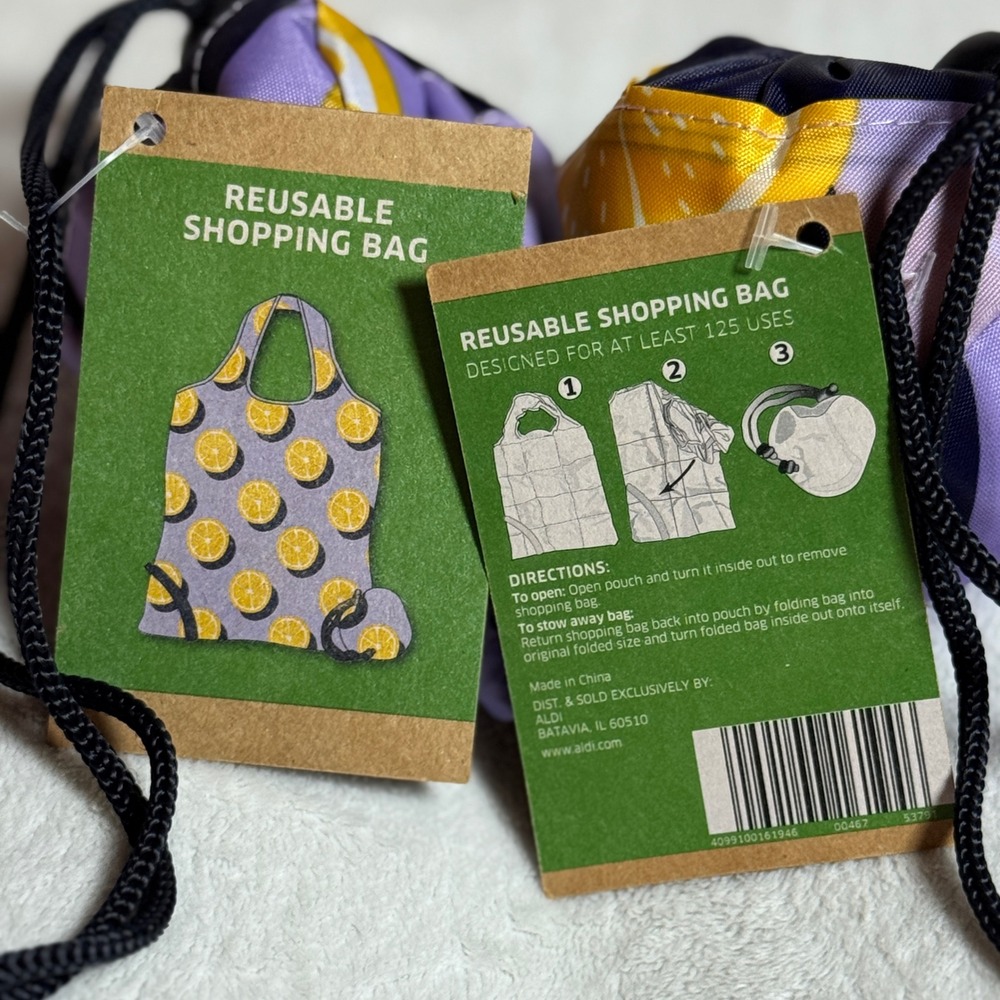 ALDI Reuseable Shopping Bags Purple with Yellow Lemons With Pouch - Qty 2 -NWT